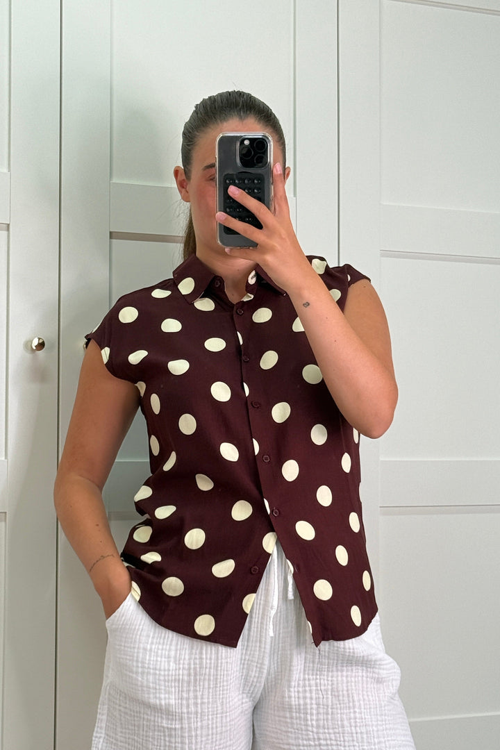 A-bee - Cleo Polka Dot Blouse - Chocolate Bluser