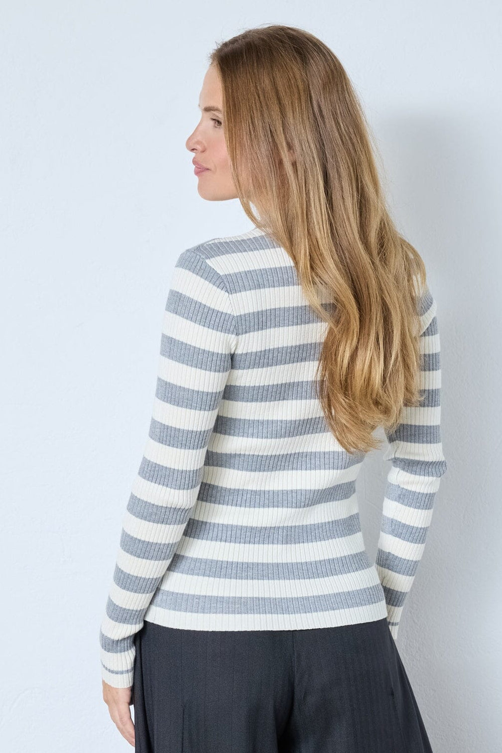 Co´Couture - Bonnycc Stripe L/S Polo Knit 42009 - 138 - Light Grey