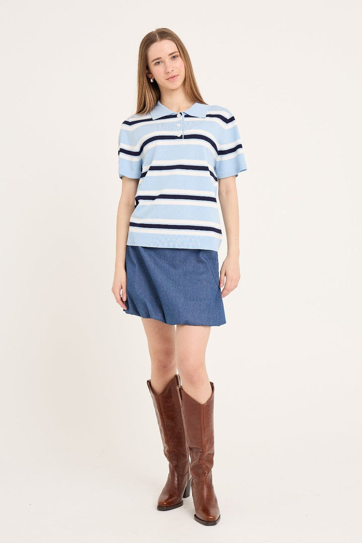 A-VIEW - Polo Stripe Knit Blouse AV5060 - 100 - Light Blue/White Stripe