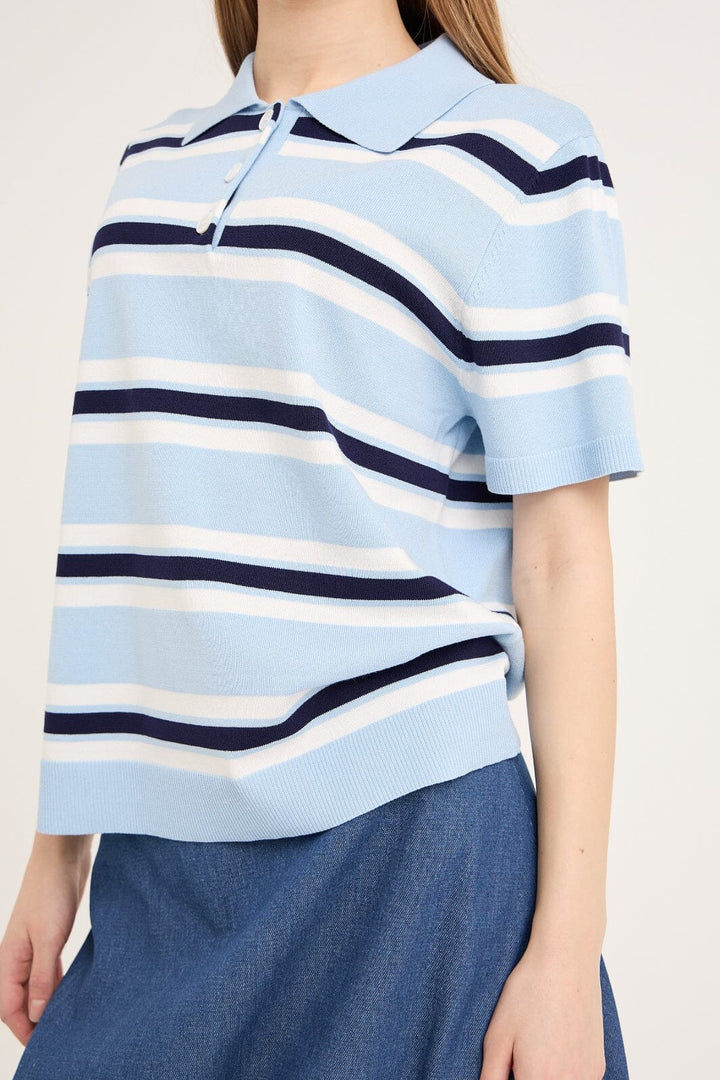 A-VIEW - Polo Stripe Knit Blouse AV5060 - 100 - Light Blue/White Stripe