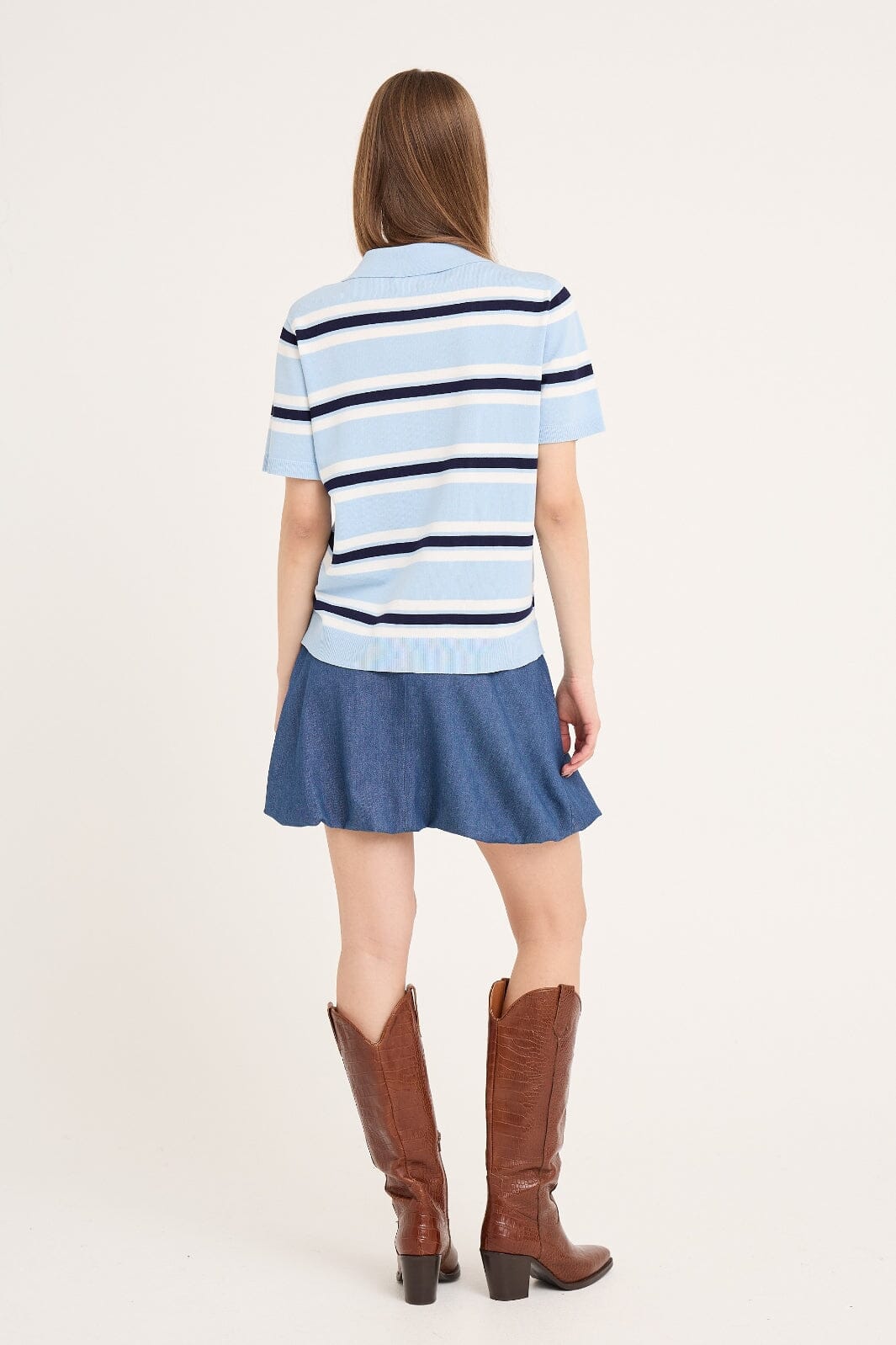 A-VIEW - Polo Stripe Knit Blouse AV5060 - 100 - Light Blue/White Stripe