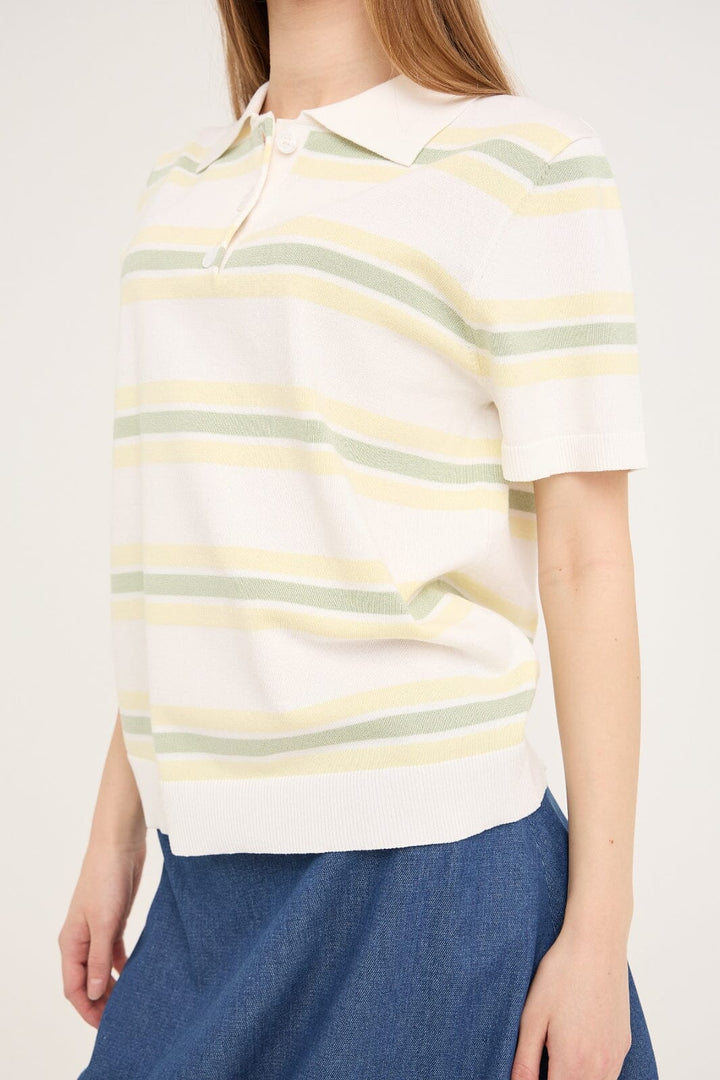 A-VIEW - Polo Stripe Knit Blouse AV5060 - 200 - White/Yellow