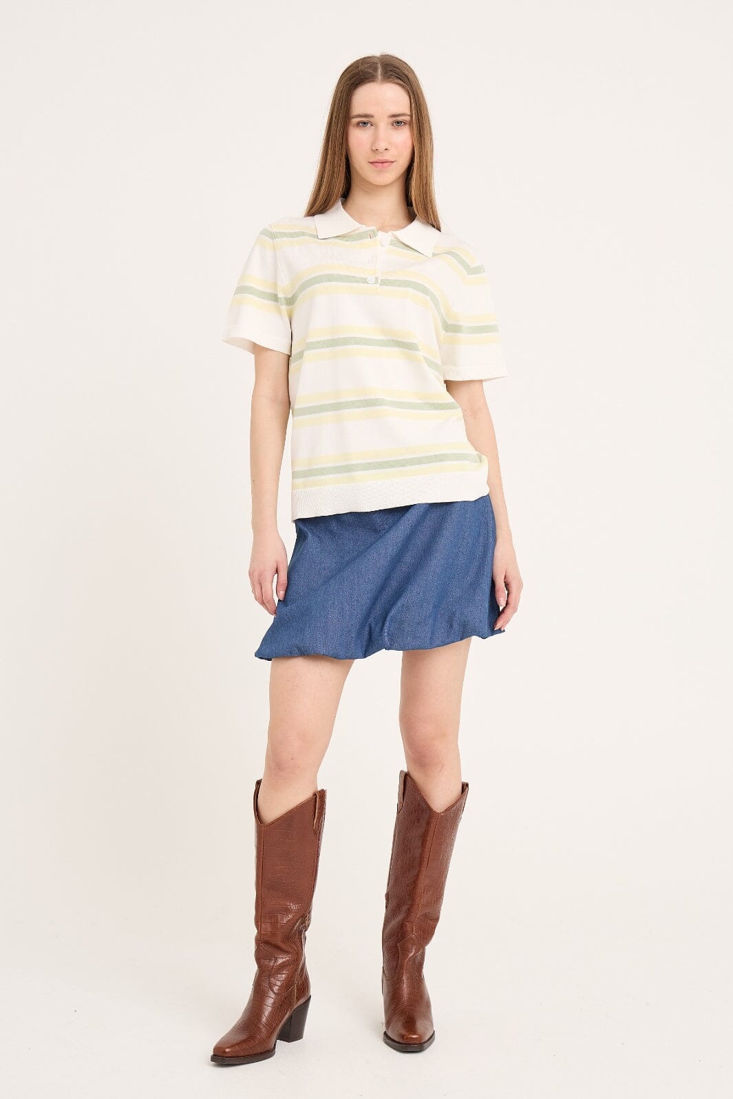 A-VIEW - Polo Stripe Knit Blouse AV5060 - 200 - White/Yellow