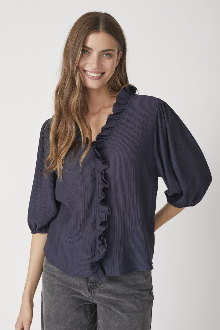 Forudbestilling - Co´Couture - Anikacc Frill Ss Shirt 35905 - 120 - Navy Skjorter