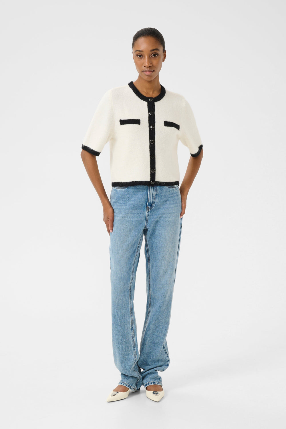 Forudbestilling - Gestuz - Gzalpha Contrast Cardigan - 107835 Ivory/Black Comb Cardigans