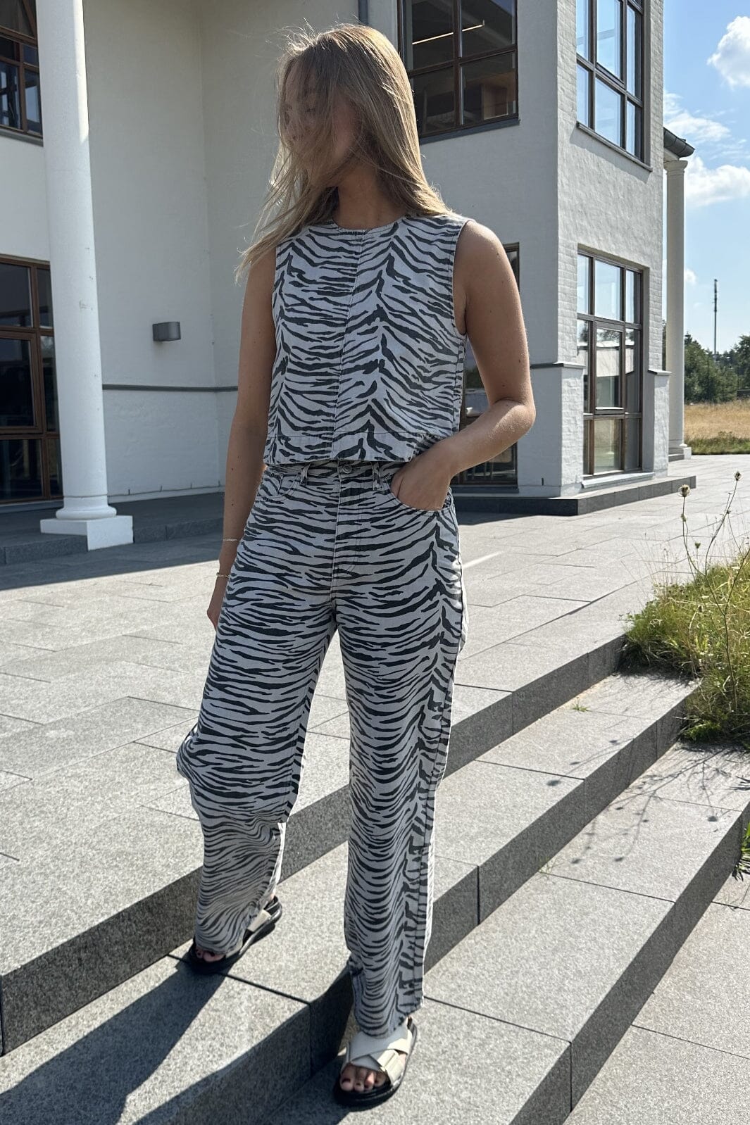 Forudbestilling - Only - Onldorsi Sl Zebra Top Sik - 4838986 Light Grey Denim Zebra Toppe