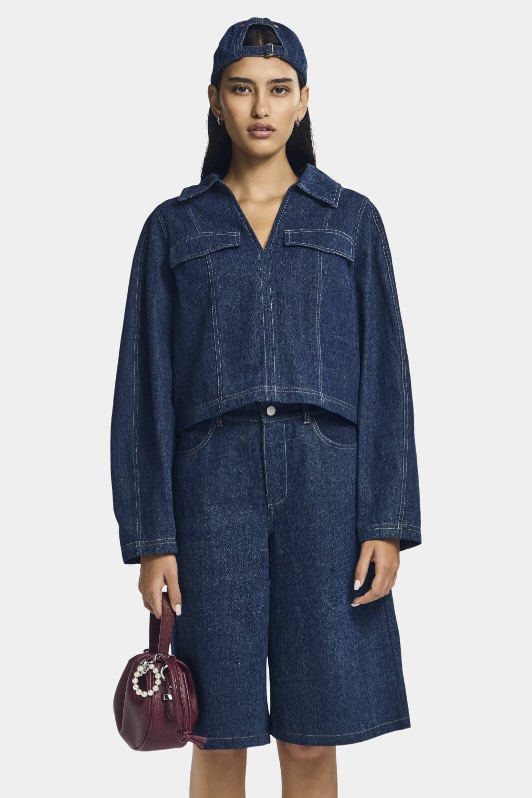 Forudbestilling - Pieces - Pcfabia Ls V-Neck Denim Top Fsy - 4745558 Dark Blue Denim Toppe