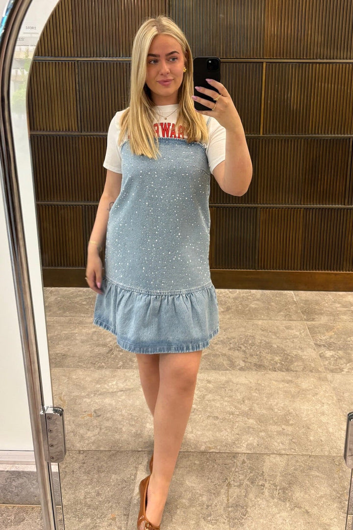 Forudbestilling - Pieces - Pcnoel Short Slip Denim Dress Fsy - 4936547 Light Blue Denim Rhine Stones Kjoler