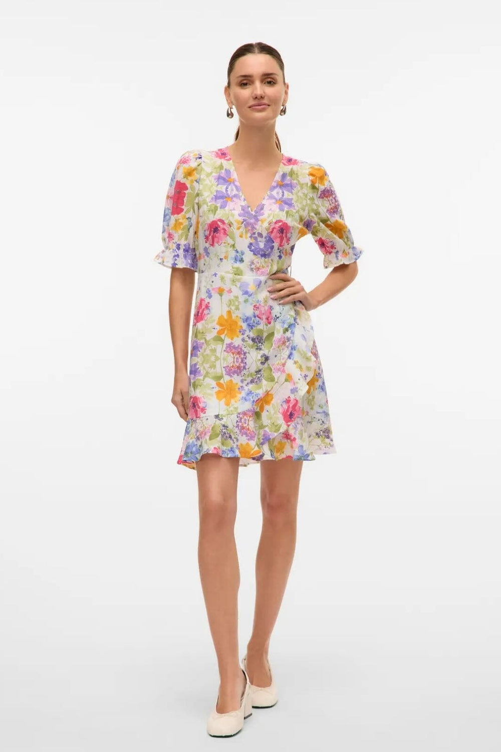 Vero Moda - Vmflora 2/4 Wrap Short Dress - 4887993 Bright White Multi Flower