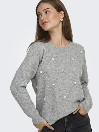 JDY - Jdybella Life L/S Struct Pearl Pul Knt - 4901031 Light Grey Melange W. White Pearls Strikbluser