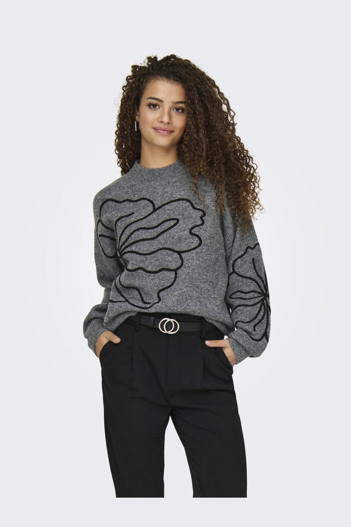 JDY - Jdyjella L/S Flower Pullover Knt - 4769595 Dark Grey Melange