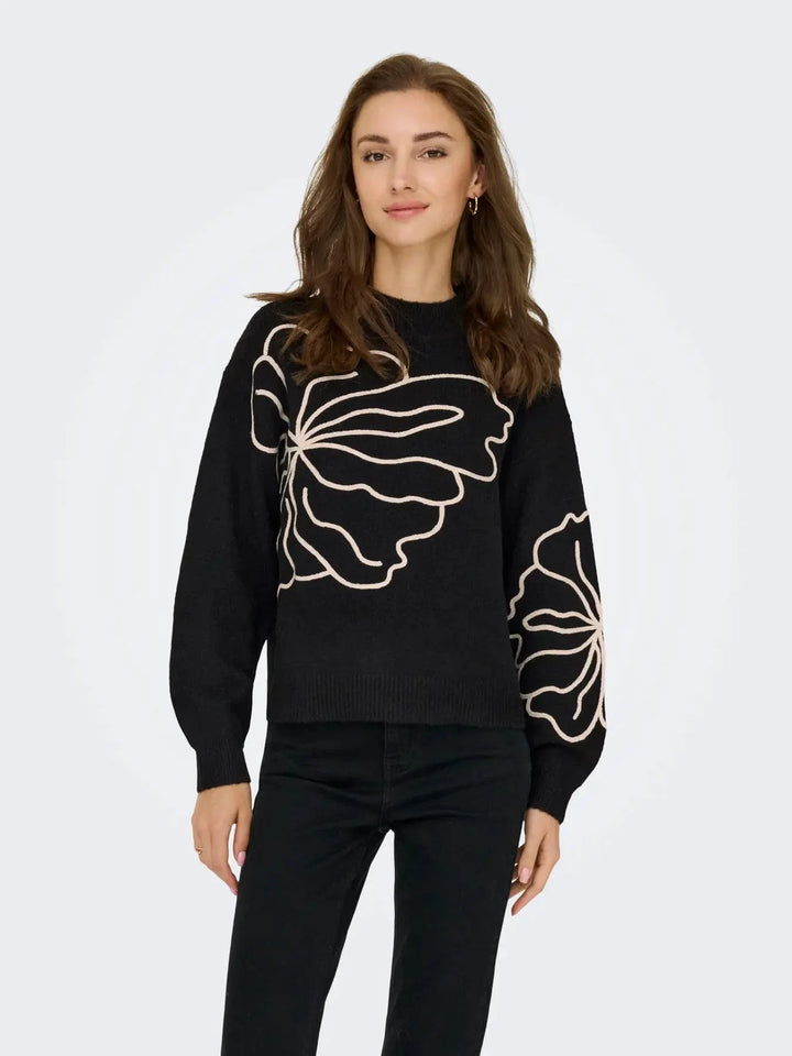 JDY - Jdyjella L/S Flower Pullover Knt - 4907427 Black W. Cement Strikbluser