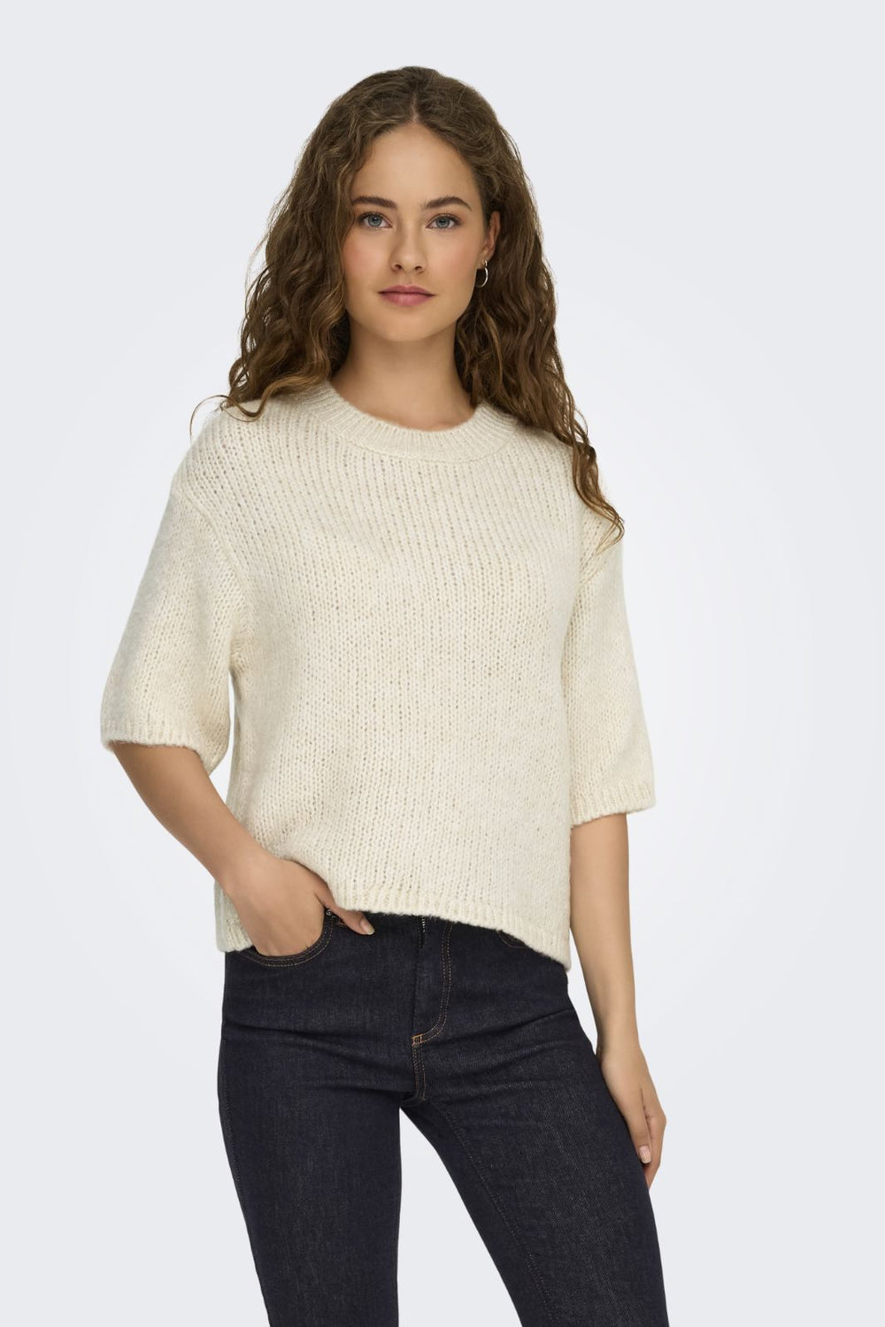 JDY - Jdylinea S/S Pullover O-Neck Knt - 4988040 Birch Strikbluser