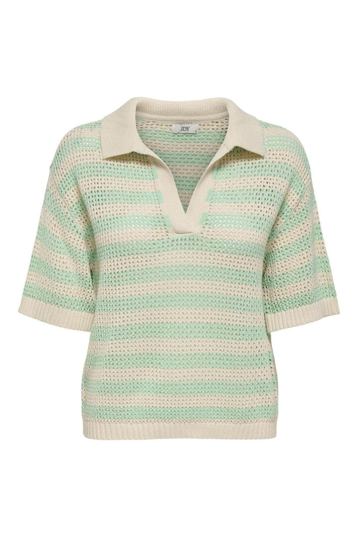 JDY - Jdytikka S/S Polo Pullover Knt - 4891513 Birch Birds Egg Green Stripes