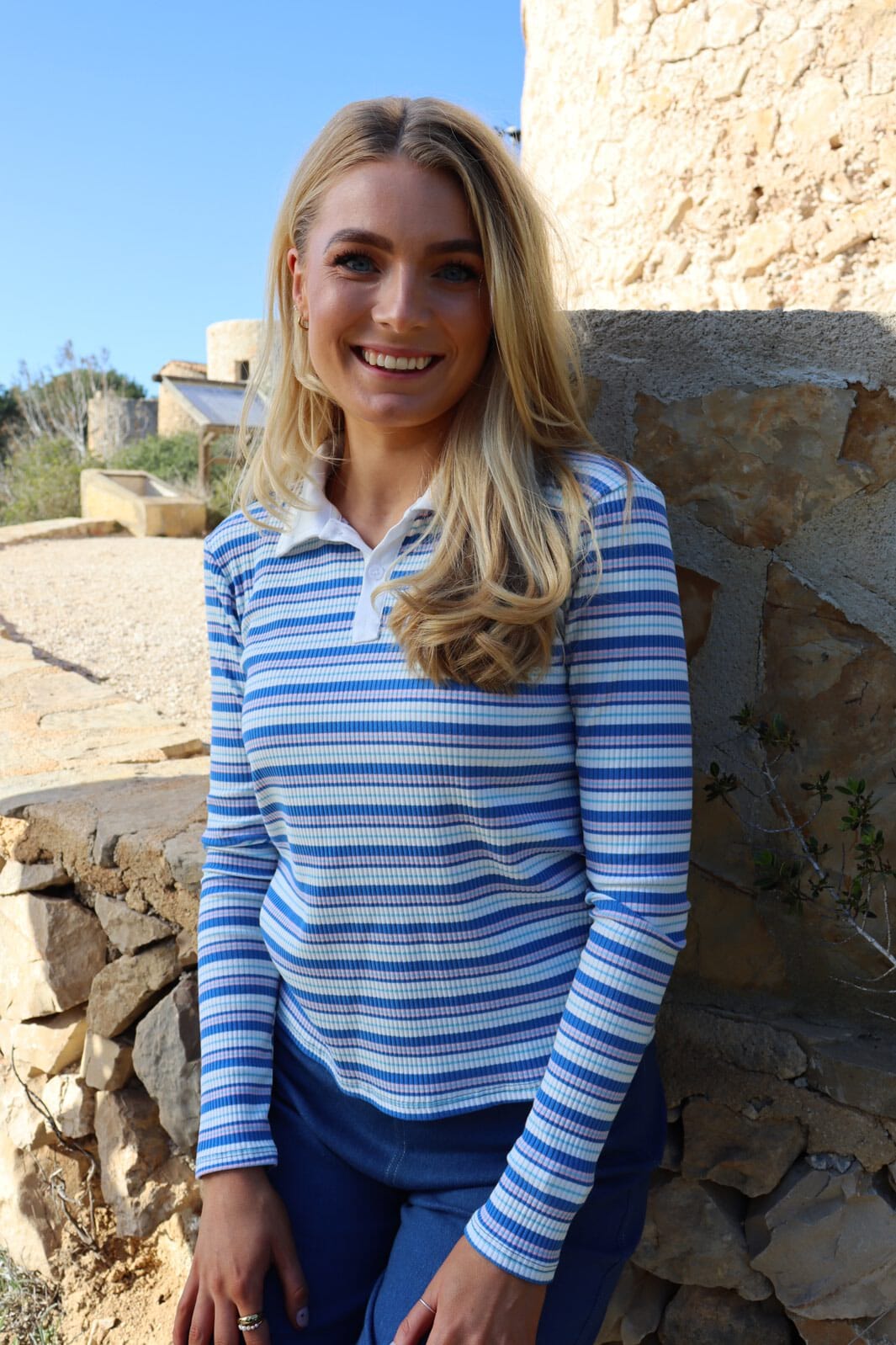 Liberte - Natalia-Ls-Polo-Blouse 22163 - Blue White Rose Stripe