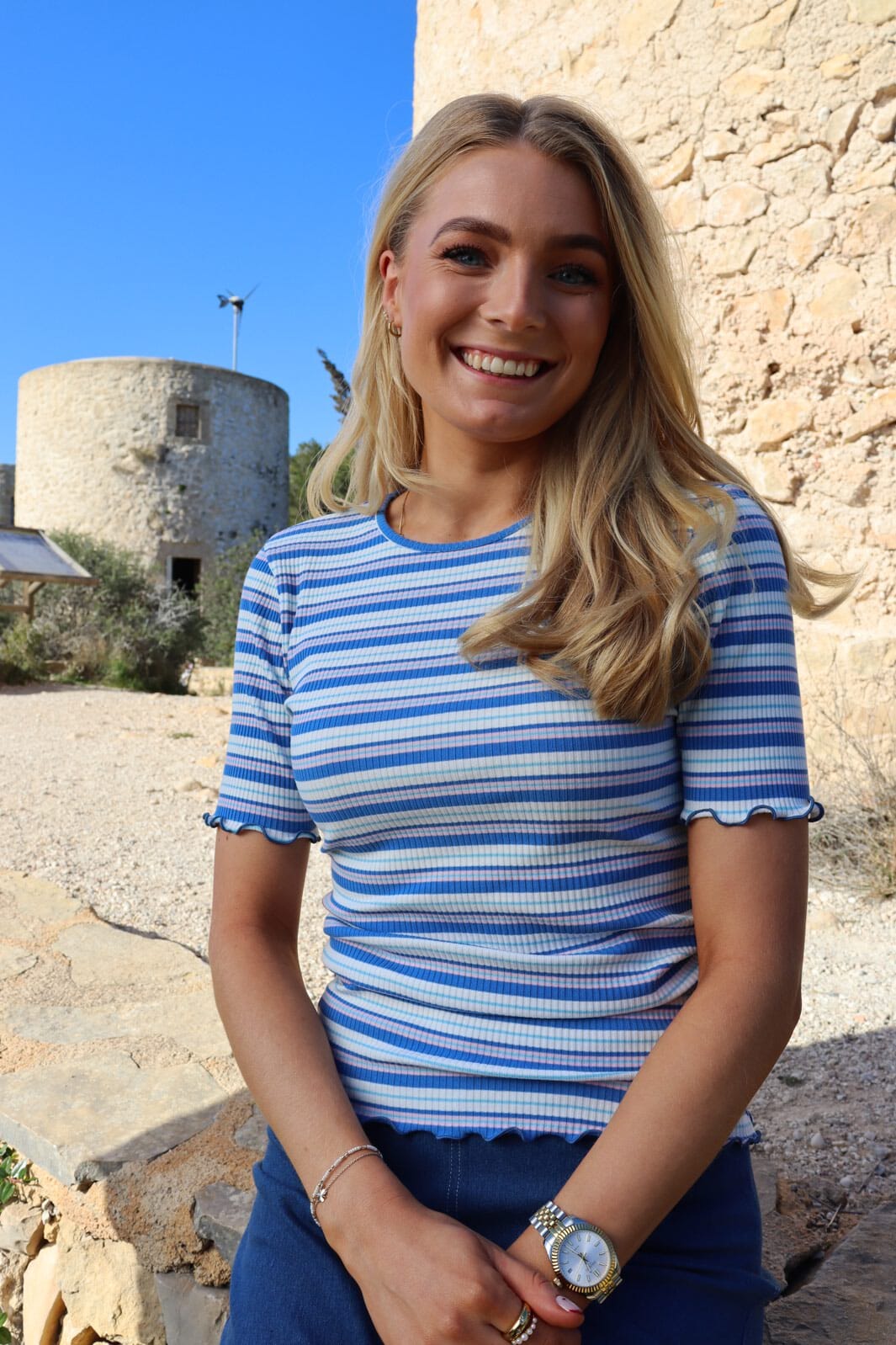 Liberte - Natalia-Ss-Blouse 9971 - Blue White Rose Stripe