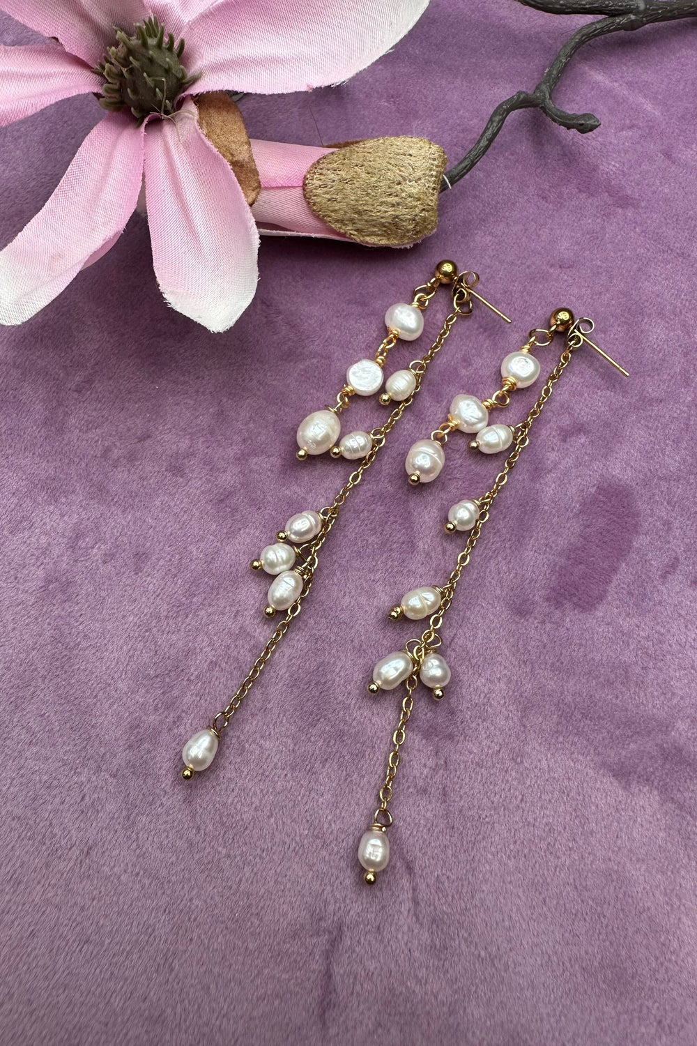 Mellow Moon - Double String Pearl Earring - Forgyldt Øreringe