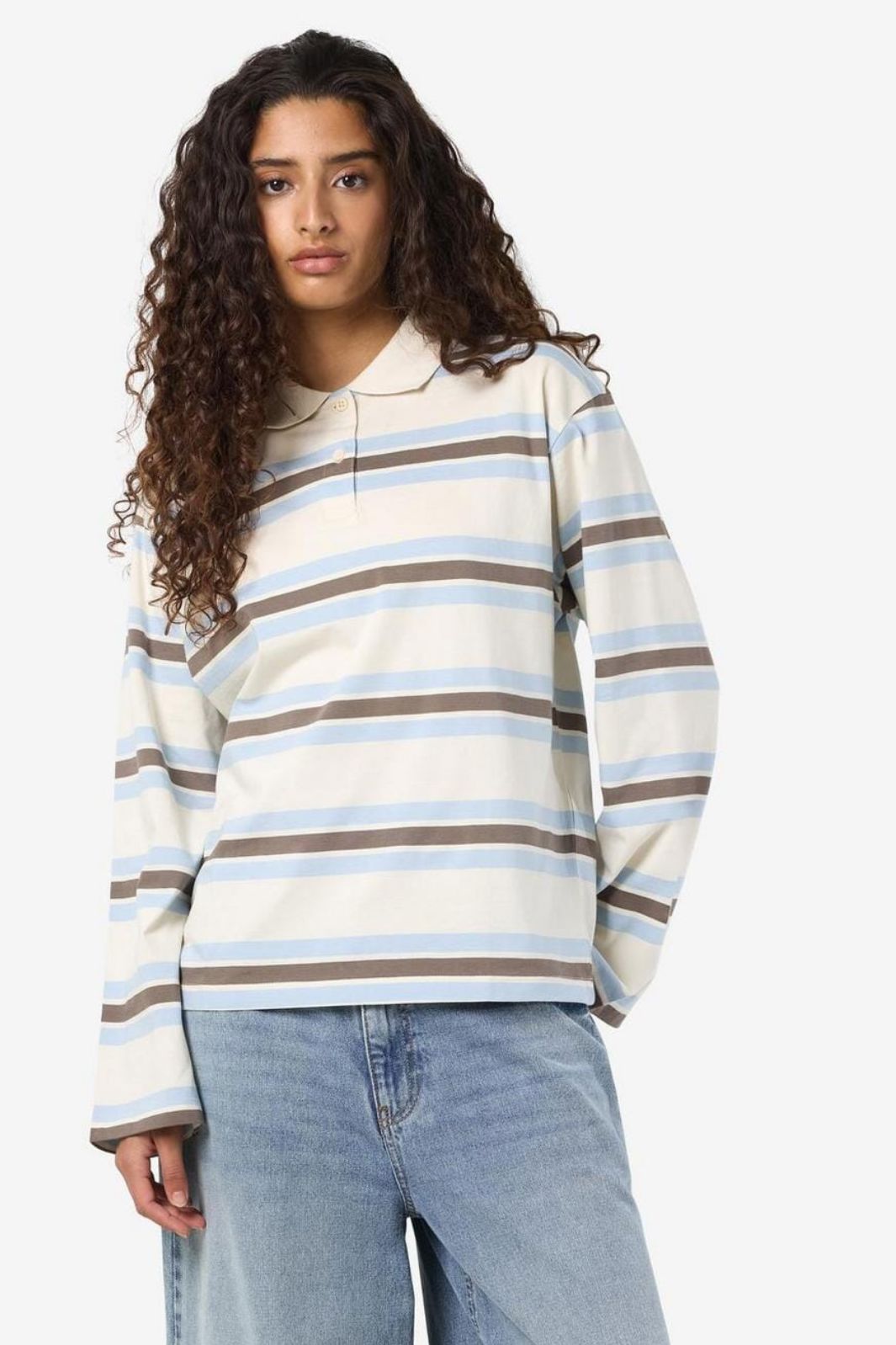 Noisy May - Nmaura L/S Striped Polo Shirt - 4959518 Birch Morel - Cashmere Blue Skjorter