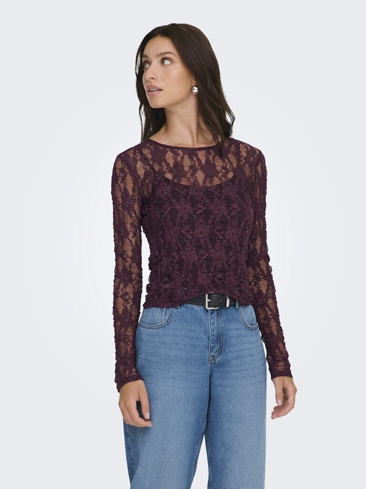 Only - Onlalba L/S Lace Top - 4907618 Decadent Chocolate Bluser