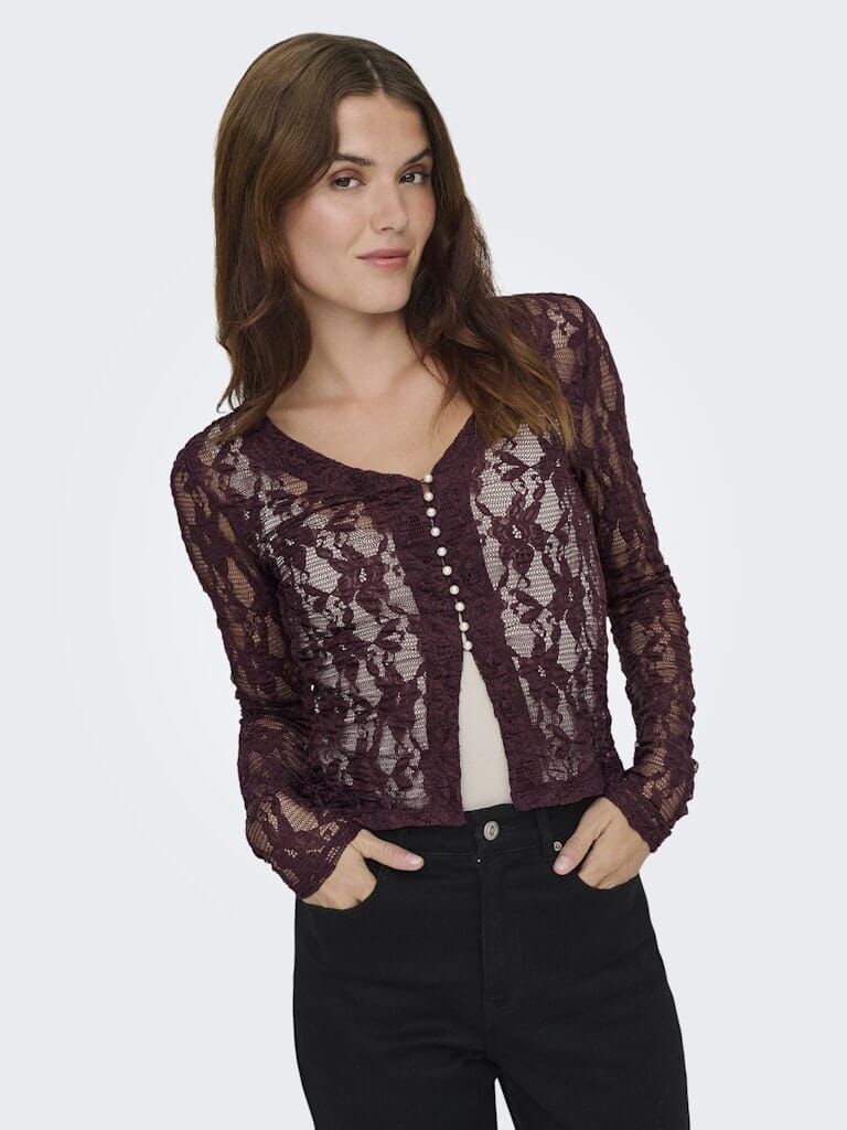 Only - Onlalba L/S V-Neck Lace Top - 4907612 Decadent Chocolate Bluser