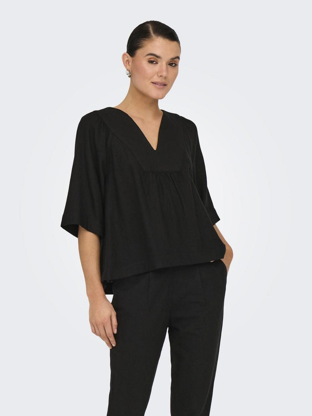 Only - Onlcaro 2/4 V-Neck Linen Bl Top Cc - 4726720 Black