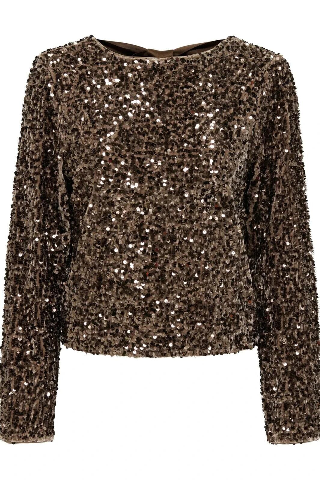Only - Onlconfidence L/S Sequin Bow Top - 4877640 Mountain Trail Mountain Trail Sequins+Mountain Trail Bow Bluser