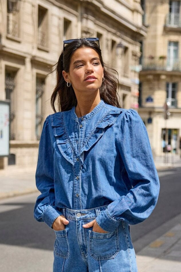 Only - Onldasha-Sevigny L/S Frill Shirt Akm - 4803471 Medium Blue Denim Skjorter