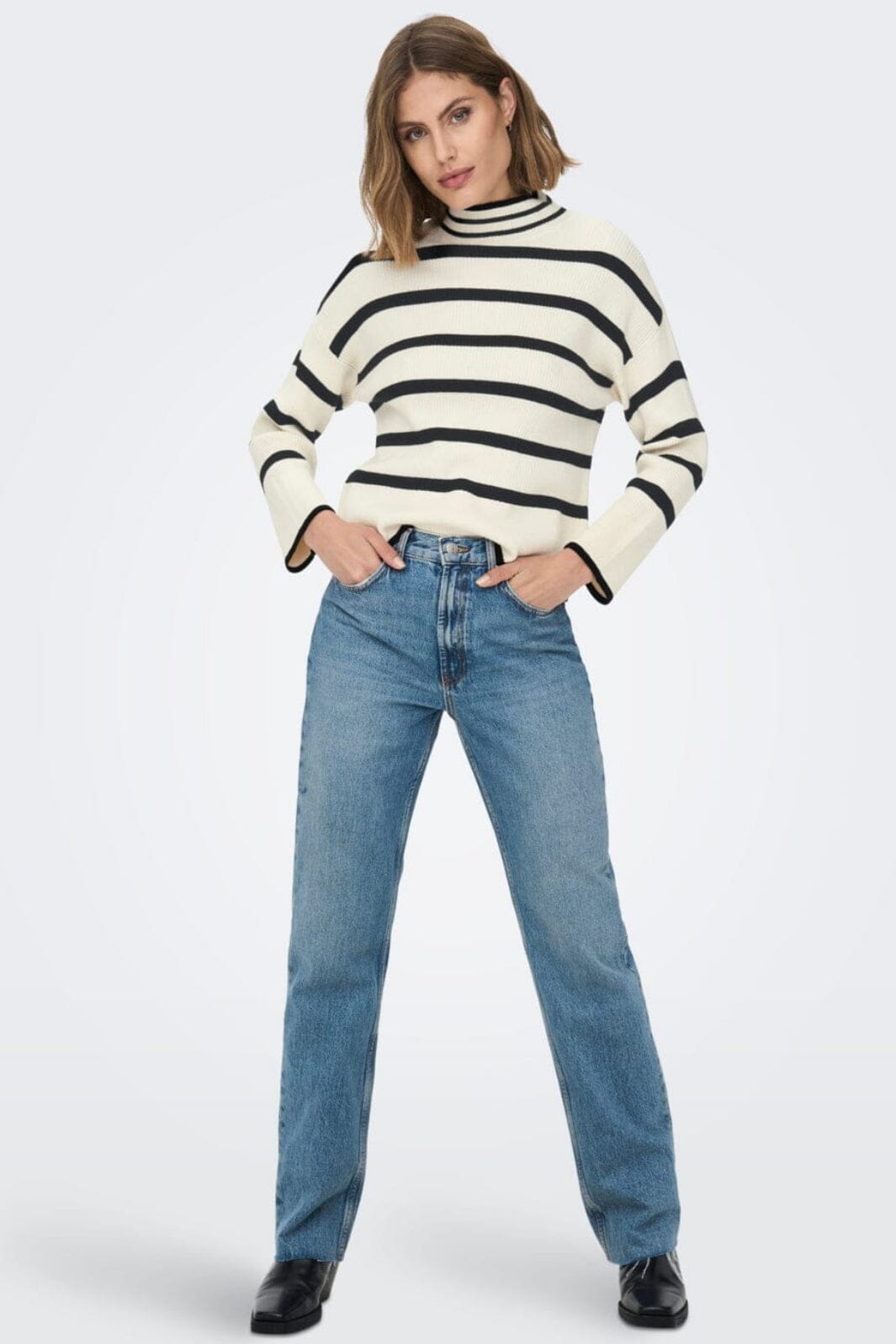 Only - Onlibi L/S Highneck Pullover Knt - 4031224 Whitecap Gray W.Melange/Black Strikbluser