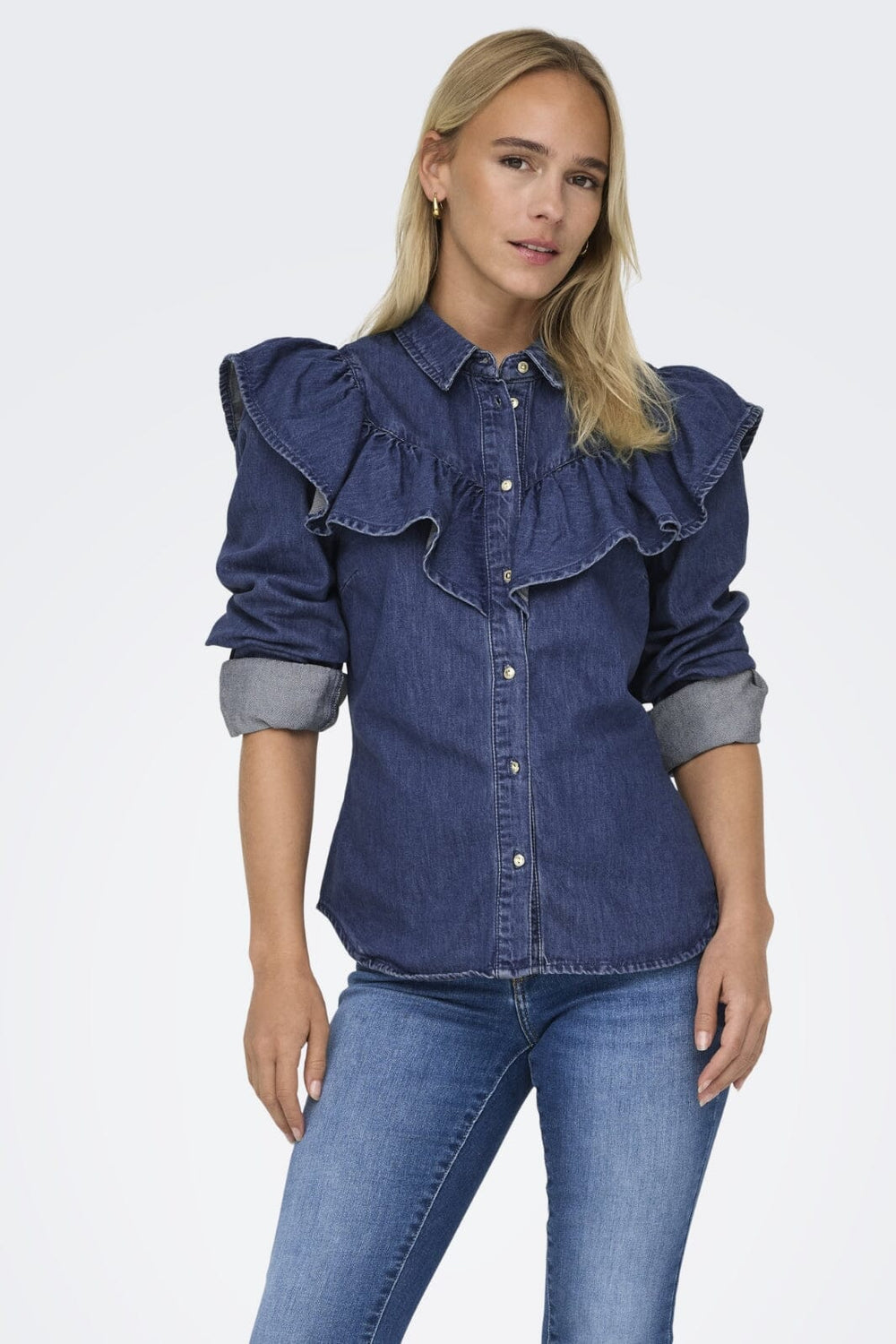 Only - Onlindigo Ls Frill Shirt Qyt - 4287142 Dark Blue Denim Skjorter
