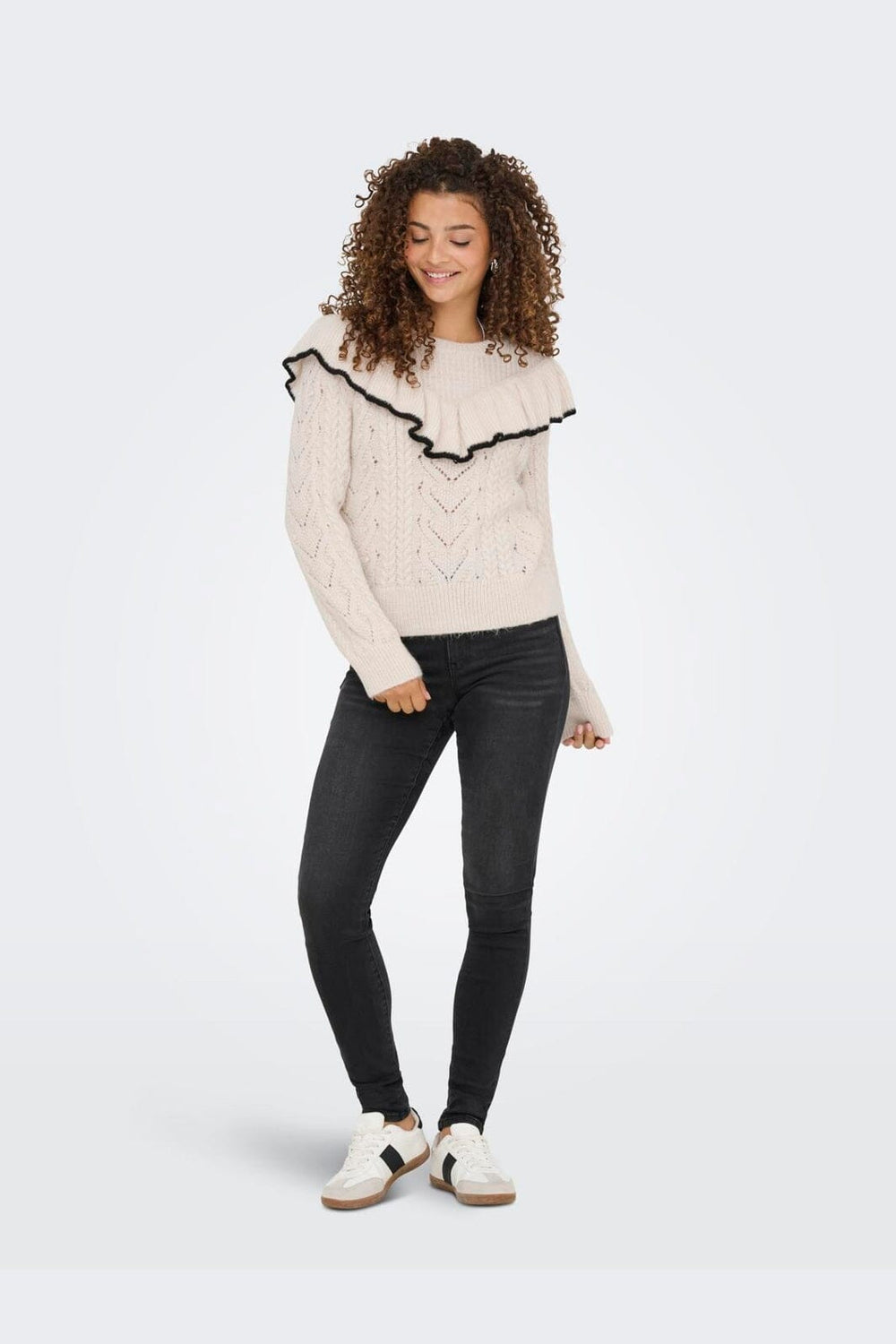 Only - Onlisolde Ls Frill O-Neck Knt - 4781329 Birch Black