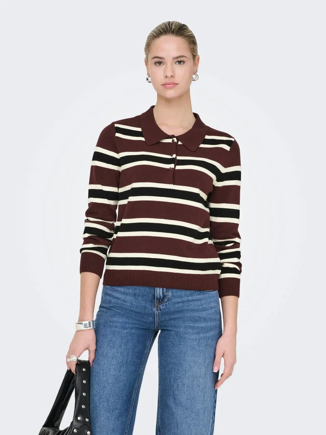 Only - Onllondon Ls Stripe Polo Cc Knt - 4947495 Decadent Chocolate Babys Breath/Black/Dtm Button Strikbluser