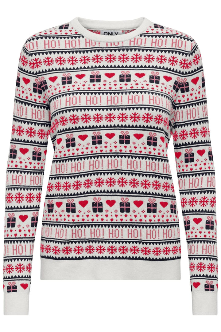 Only - Onlxmas Present Ls O-Neck Knt - 4631335 Cloud Dancer High Risk Red/Night Sky/Bonbon Jul