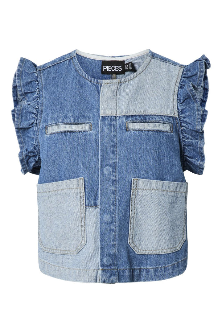 Pieces - Pcfie Flounce Patchwork Denim Vest - 4777026 Dark Blue Denim