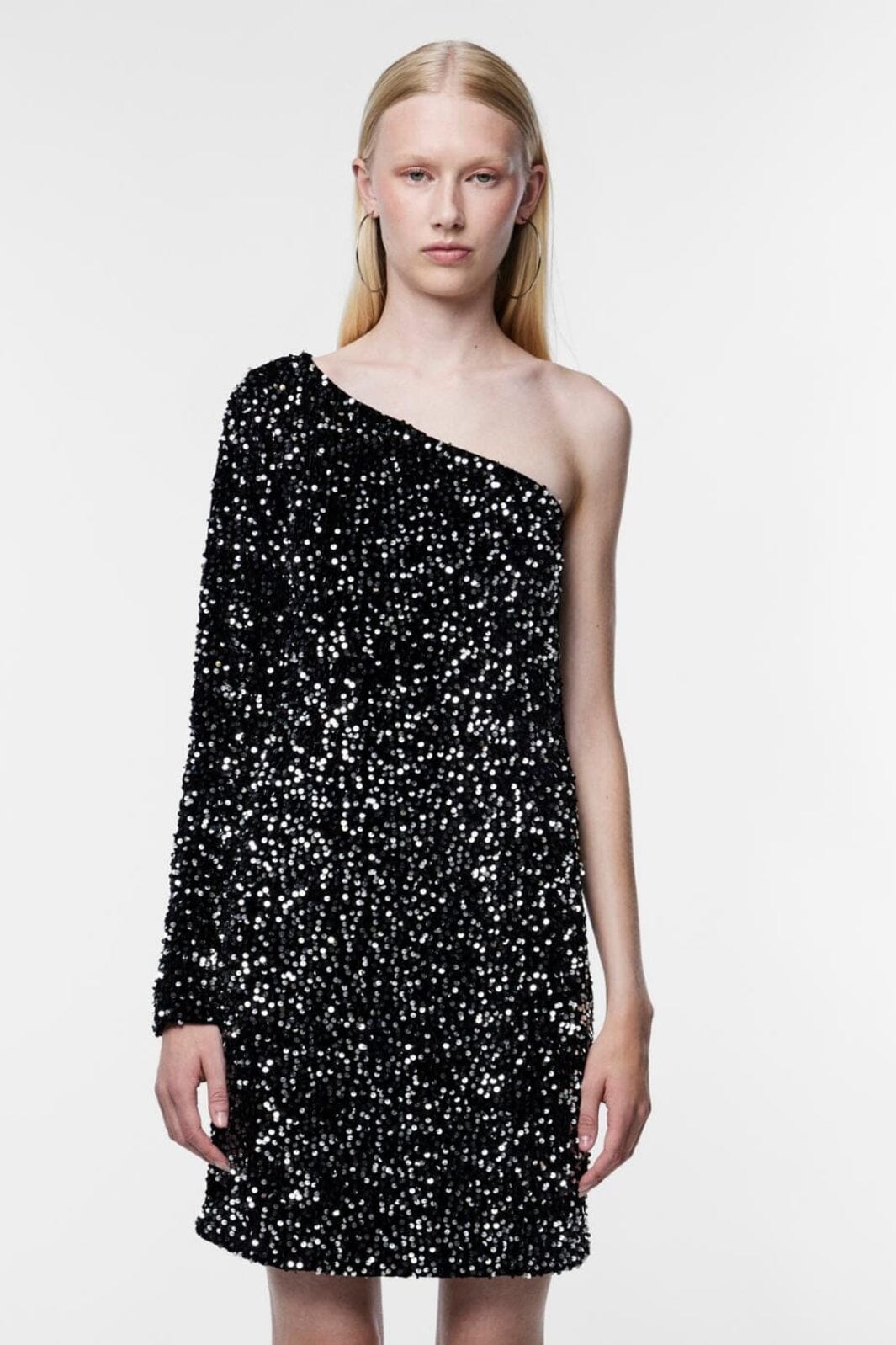 Pieces - Pcnylla Ls One Shoulder Dress - 4509900 Black Sequins Kjoler