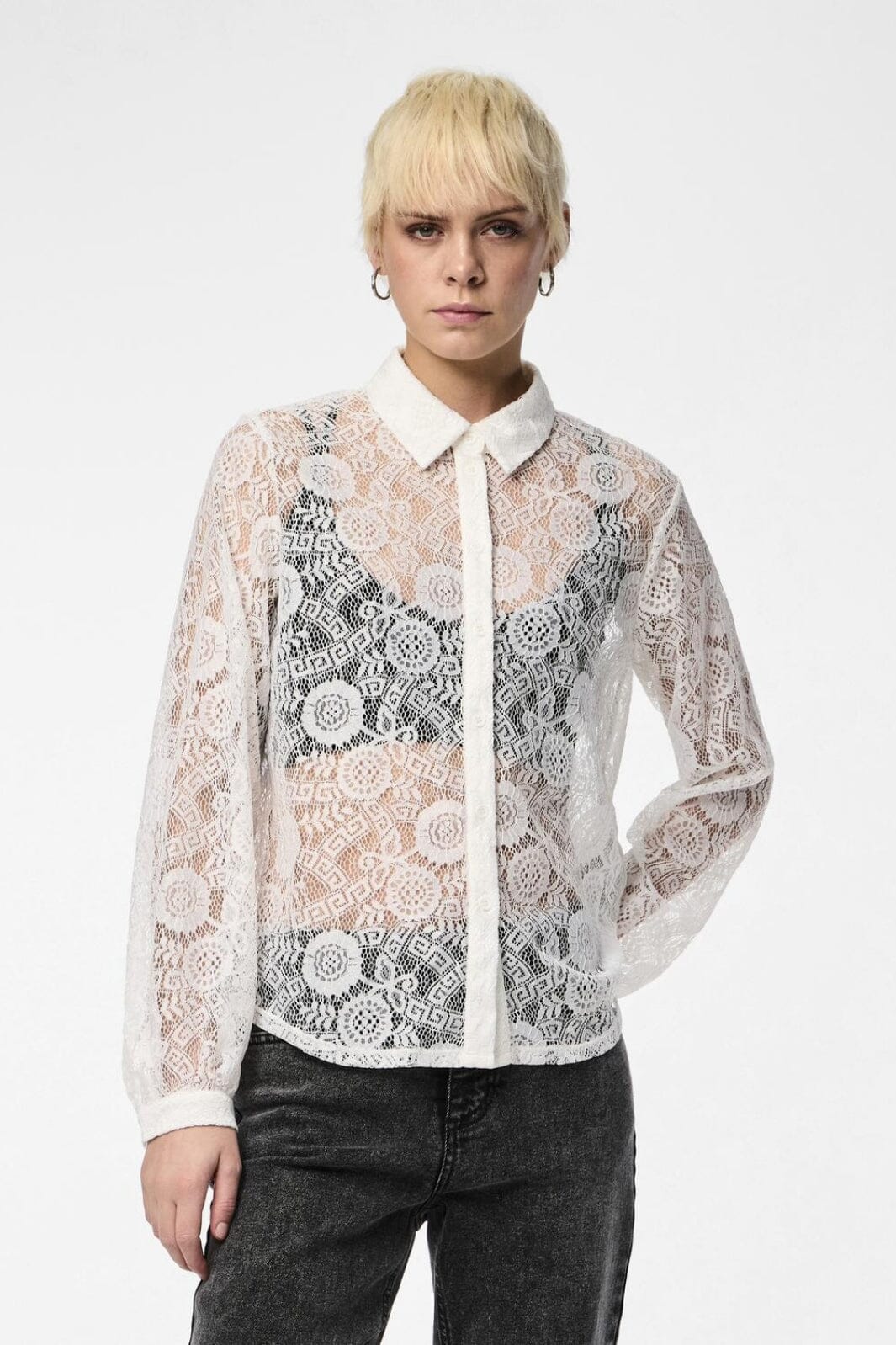 Pieces - Pcolline Ls Lace Shirt - 4634038 Cloud Dancer Skjorter