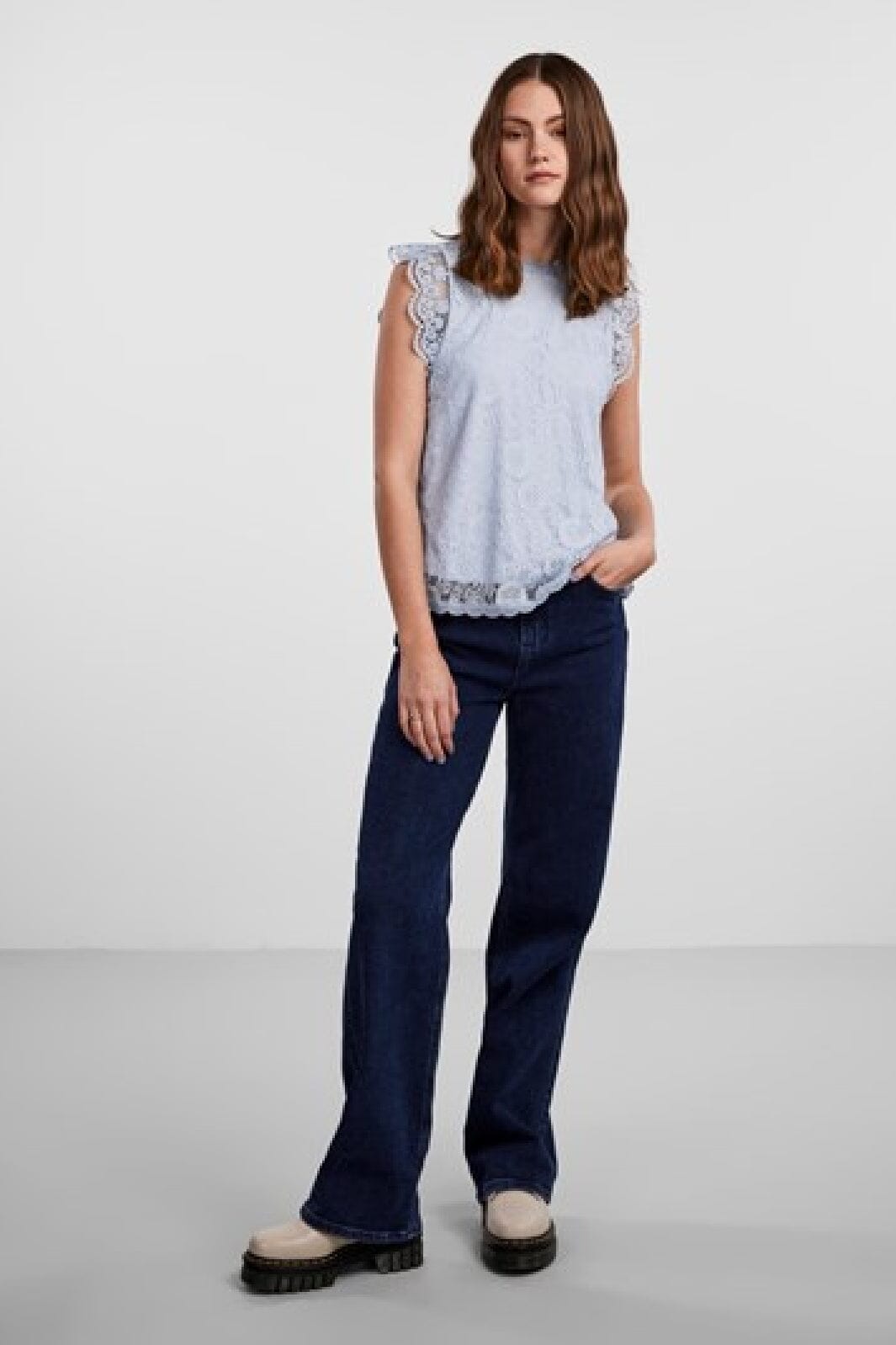 Pieces - Pcolline Sl Lace Top - 3861682 Kentucky Blue Toppe