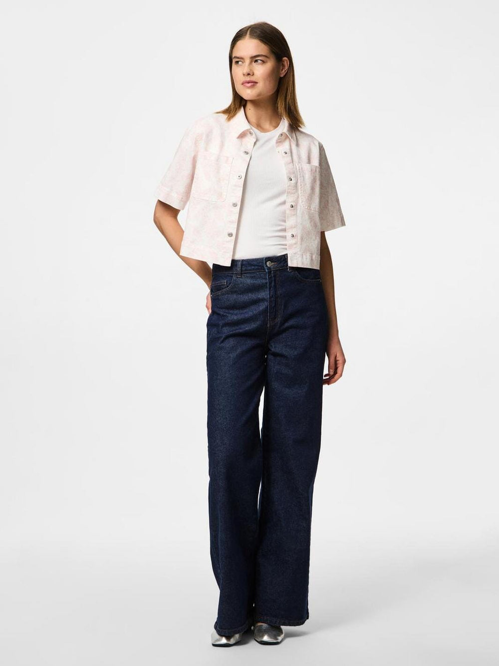 Pieces - Pcsalume Ss Denim Shirt - 4701726 Egret Flower