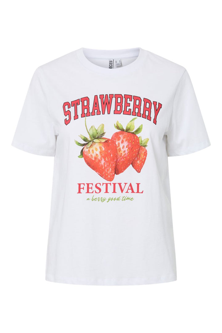 Pieces - Pctille Ss O-Neck Tee Pp - 4936516 Bright White Strawberry