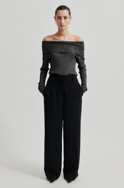 Second Female - Ellis Knit Off Shoulder 59115 - Black Strikbluser