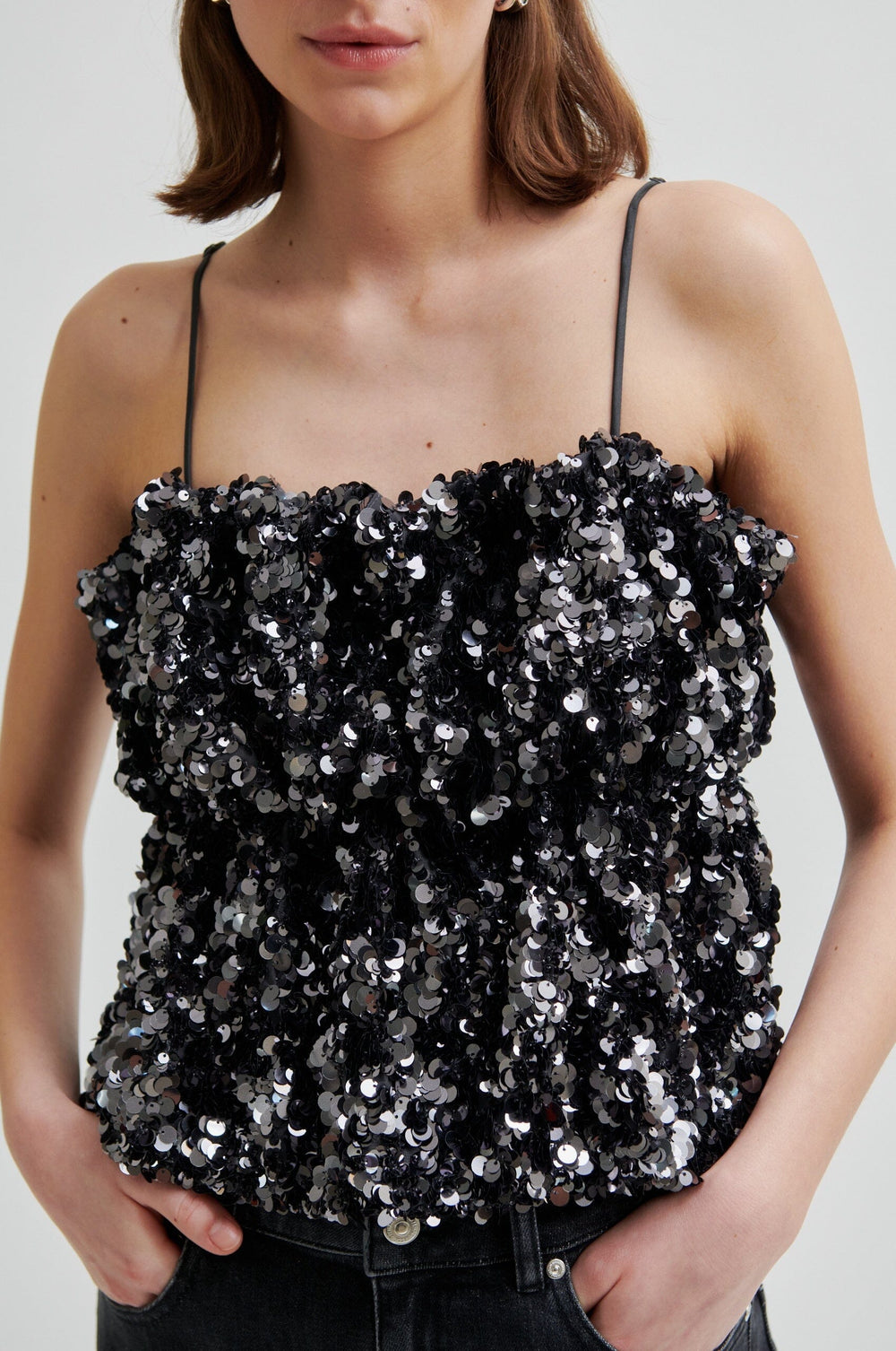 Second Female - Shiny Strap Top 60229 - 7049 Gungrey Metal Toppe