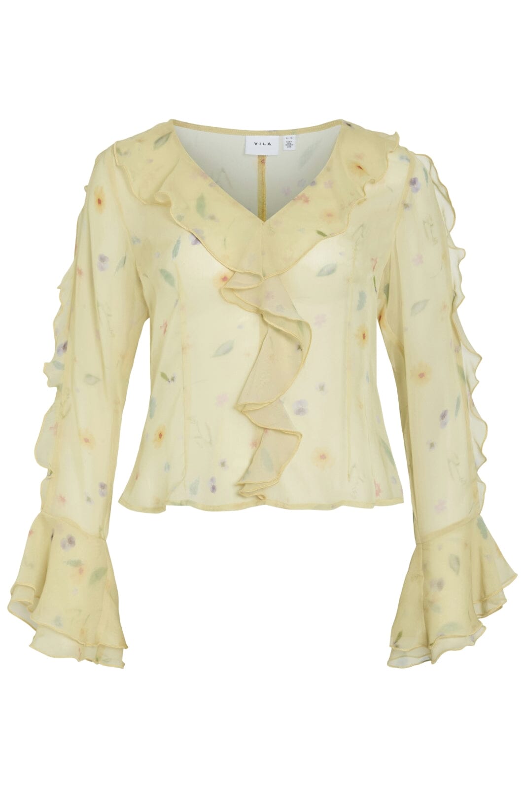 Vila - Viemmy L/S V-Neck Frill Top - 5002464 Pale Banana Flower Toppe