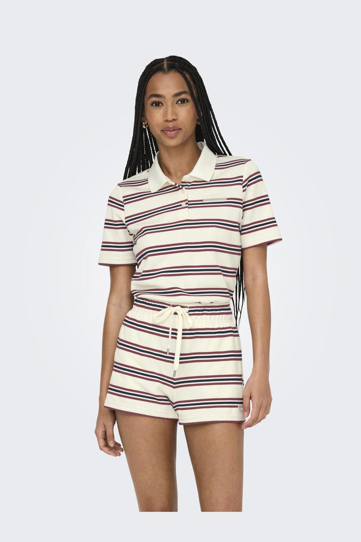 Only - Onlevie S/S Polo Top - 4793100 Antique White Navy Blazer+Ruby Wine