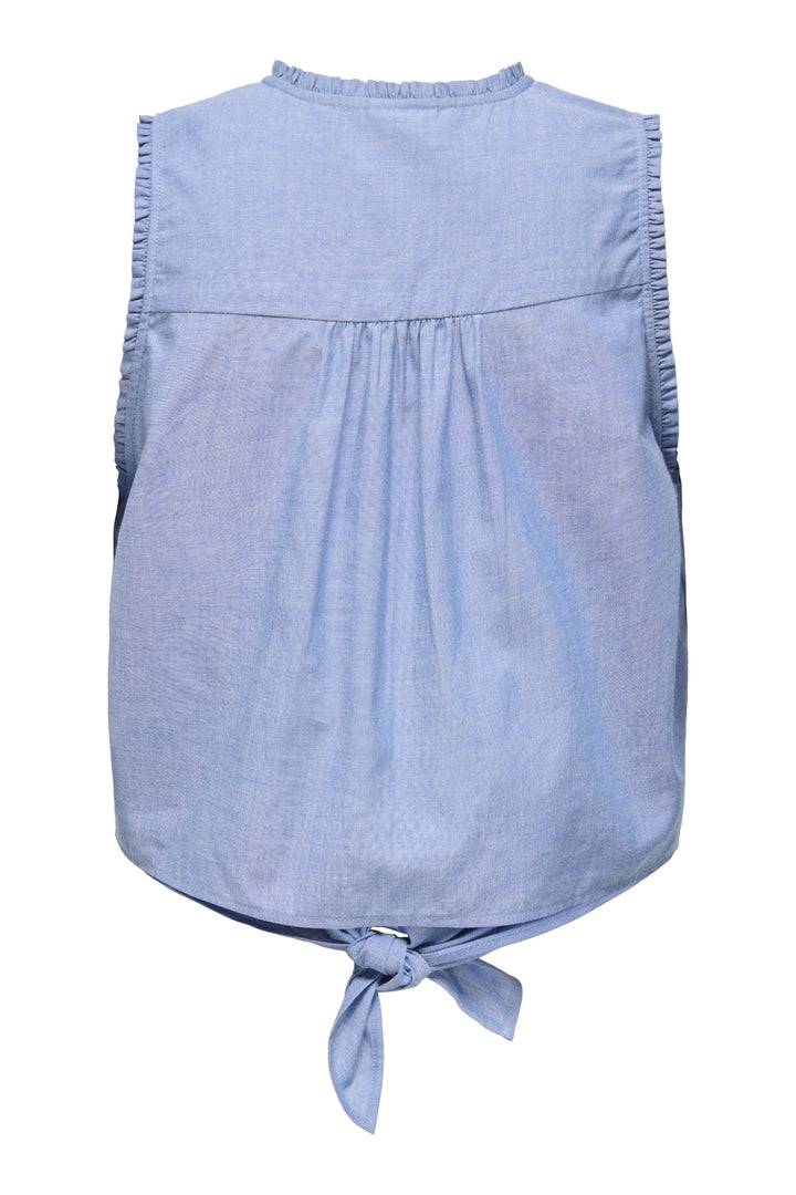 JDY - Jdybella S/L Emb Knot Shirt - 4951536 Faded Denim Cloud Dancer Embroidery