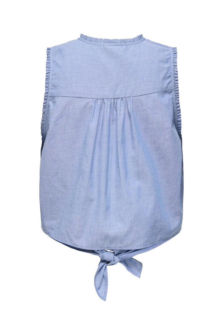 JDY - Jdybella S/L Emb Knot Shirt - 4951536 Faded Denim Cloud Dancer Embroidery
