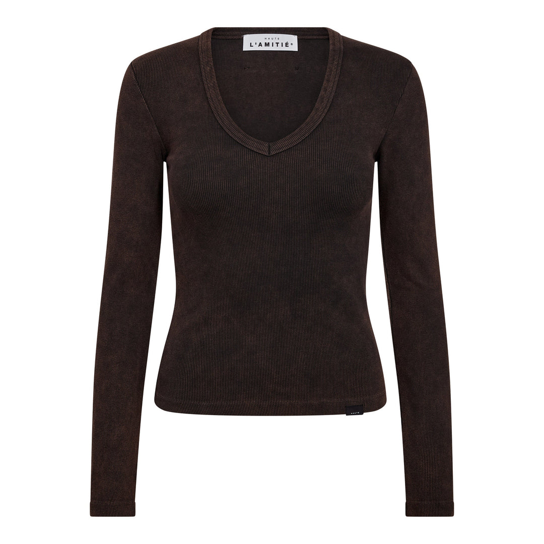 Haute L'Amitié - Deep V Ls Rib Acid Tee HL10892 - Mocca Acid Wash