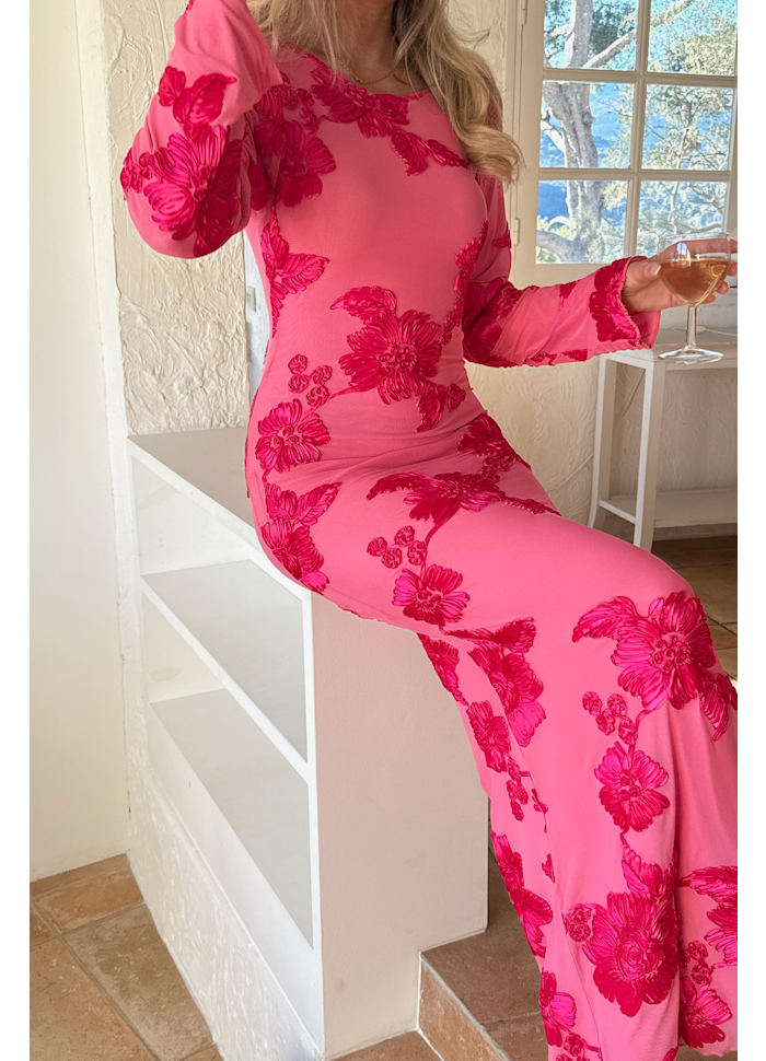 Voorbestelling - BYIC - Floraic Mesh Dress A23862 - Fuchsia Pink Flower