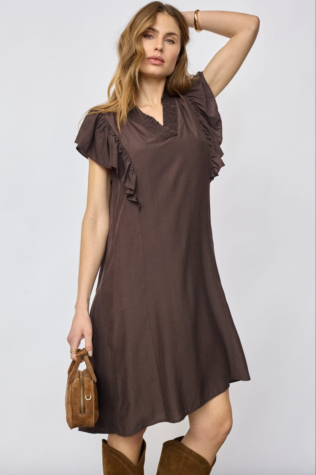 Co´Couture - Sunrisecc Frill Crop V-Dress 46101 - 145 - Dark Brown Kjoler 