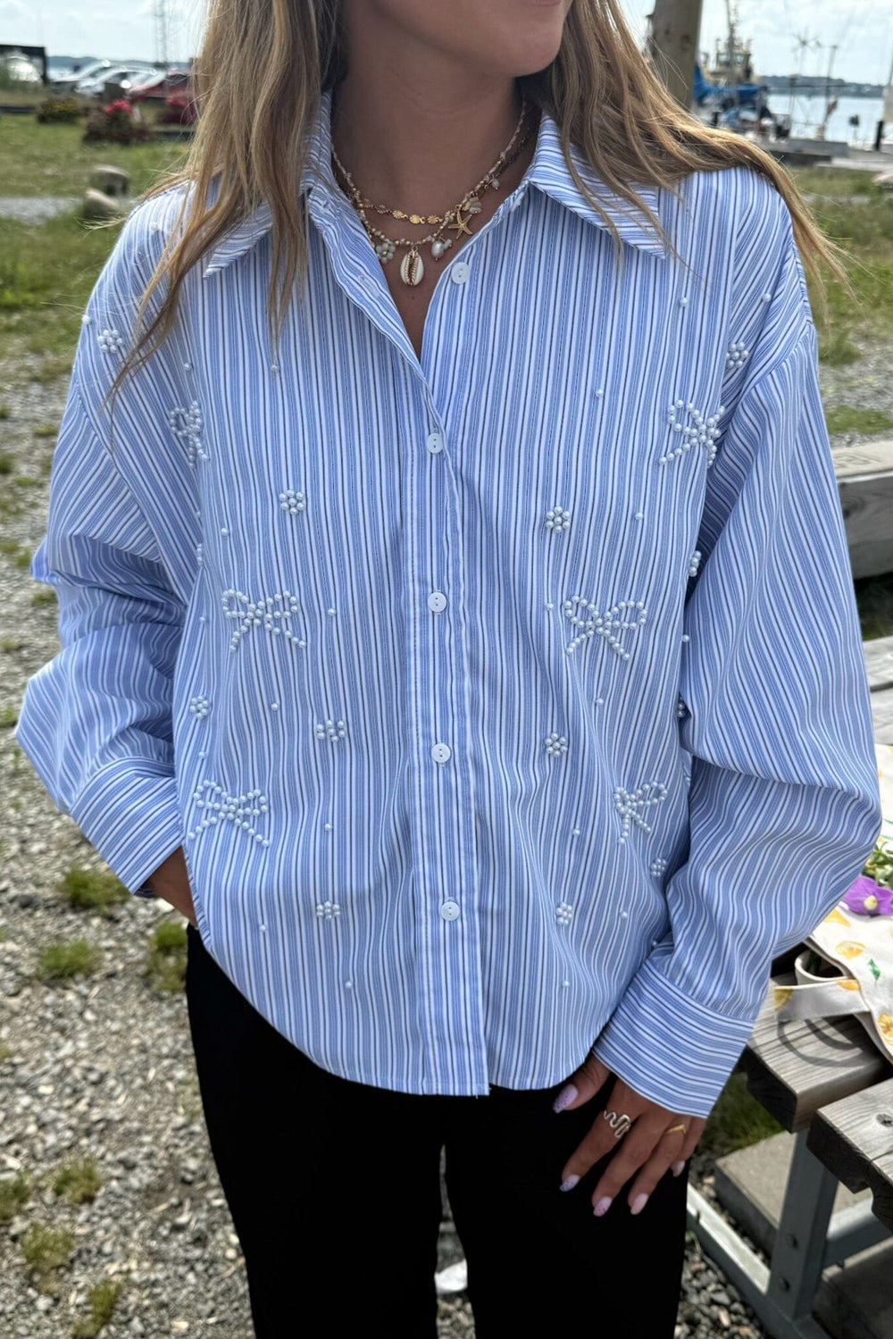 Dear Molly - Pearl Bow Shirt 160786C - Blue W.black Strip1 Skjorter 