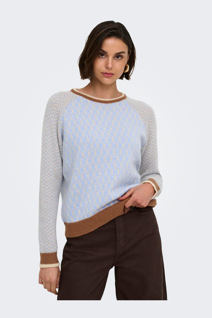 JDY - Jdybryn Life L/S Oneck Jacq Pullover Knt - 5054652 Crème Brûlée W. Toffee/Open Air Jacq.