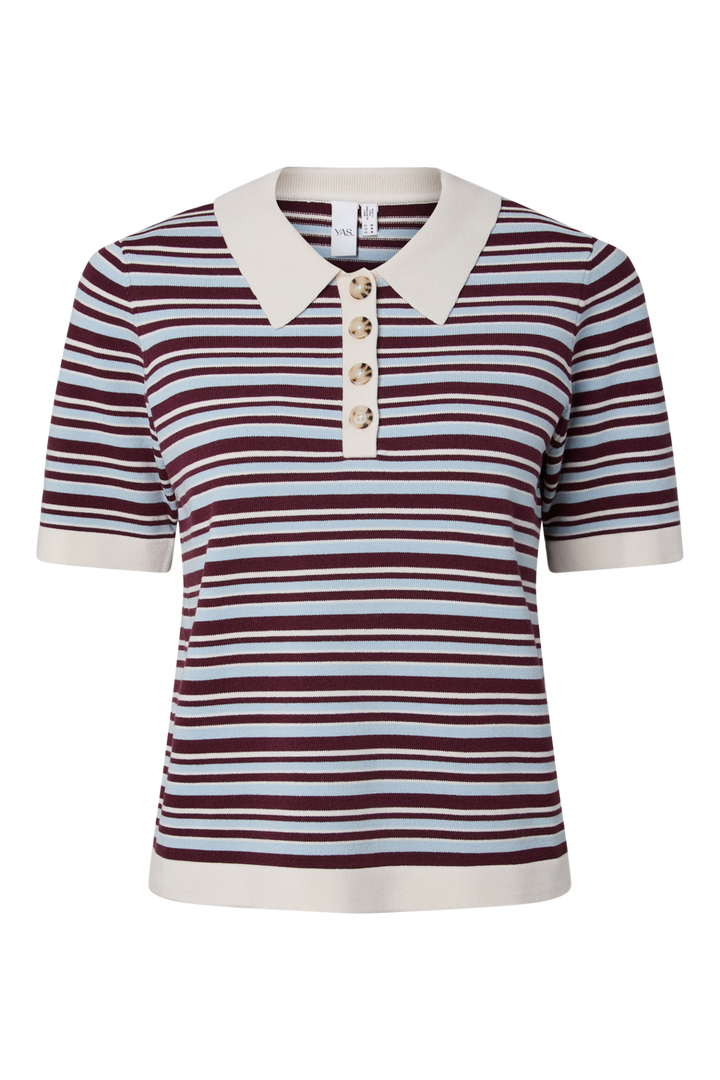 YAS - Yasbelle Ss Polo Knit Pullover - 5115833 Birch Burgundy/Blue Stripe